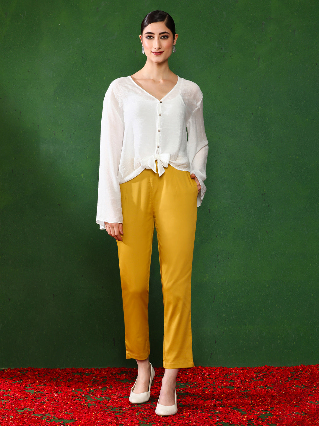 Women Mustard Solid Regular Trousers