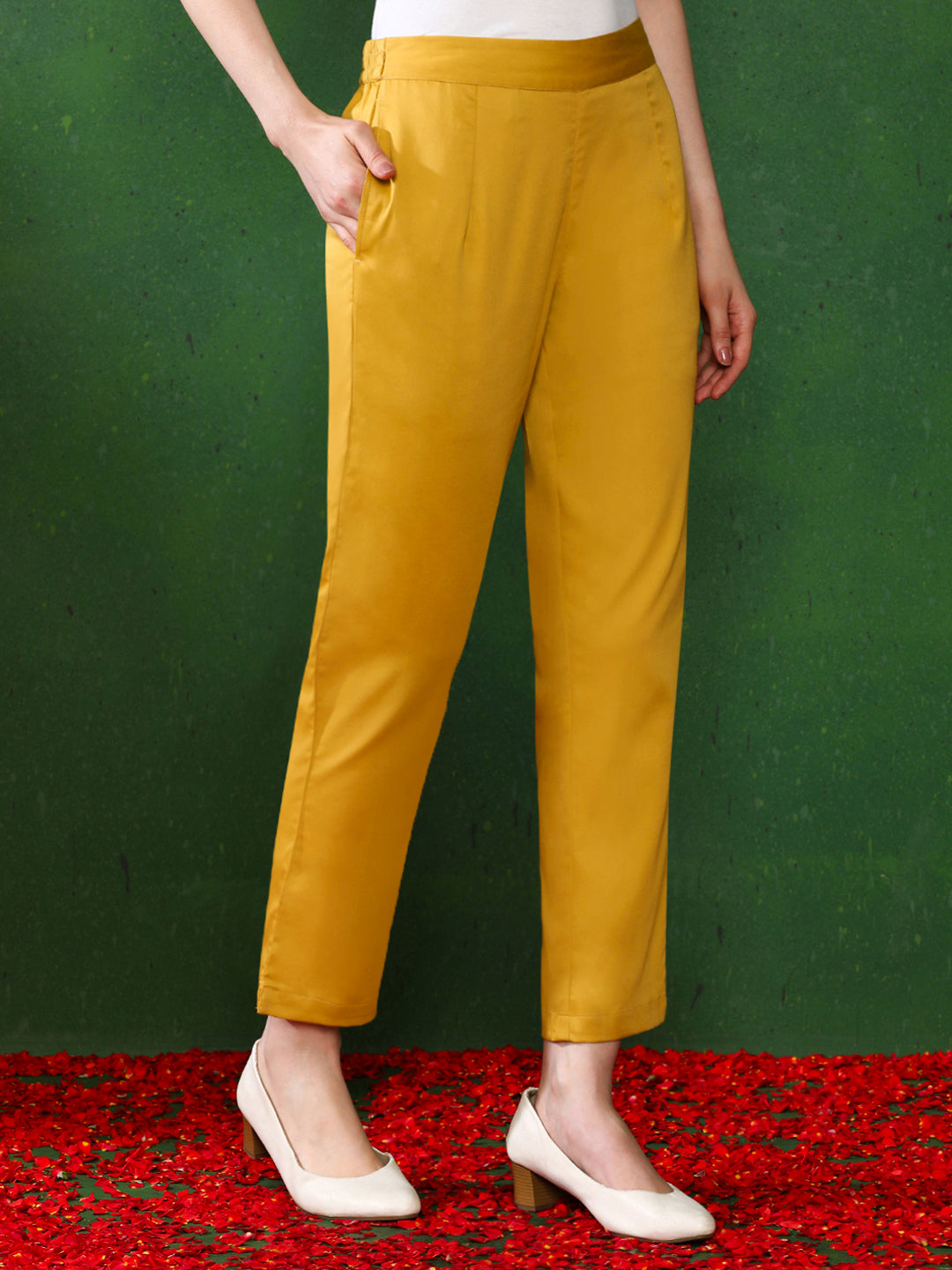 Women Mustard Solid Regular Trousers