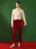 Women Maroon Solid Regular Trousers