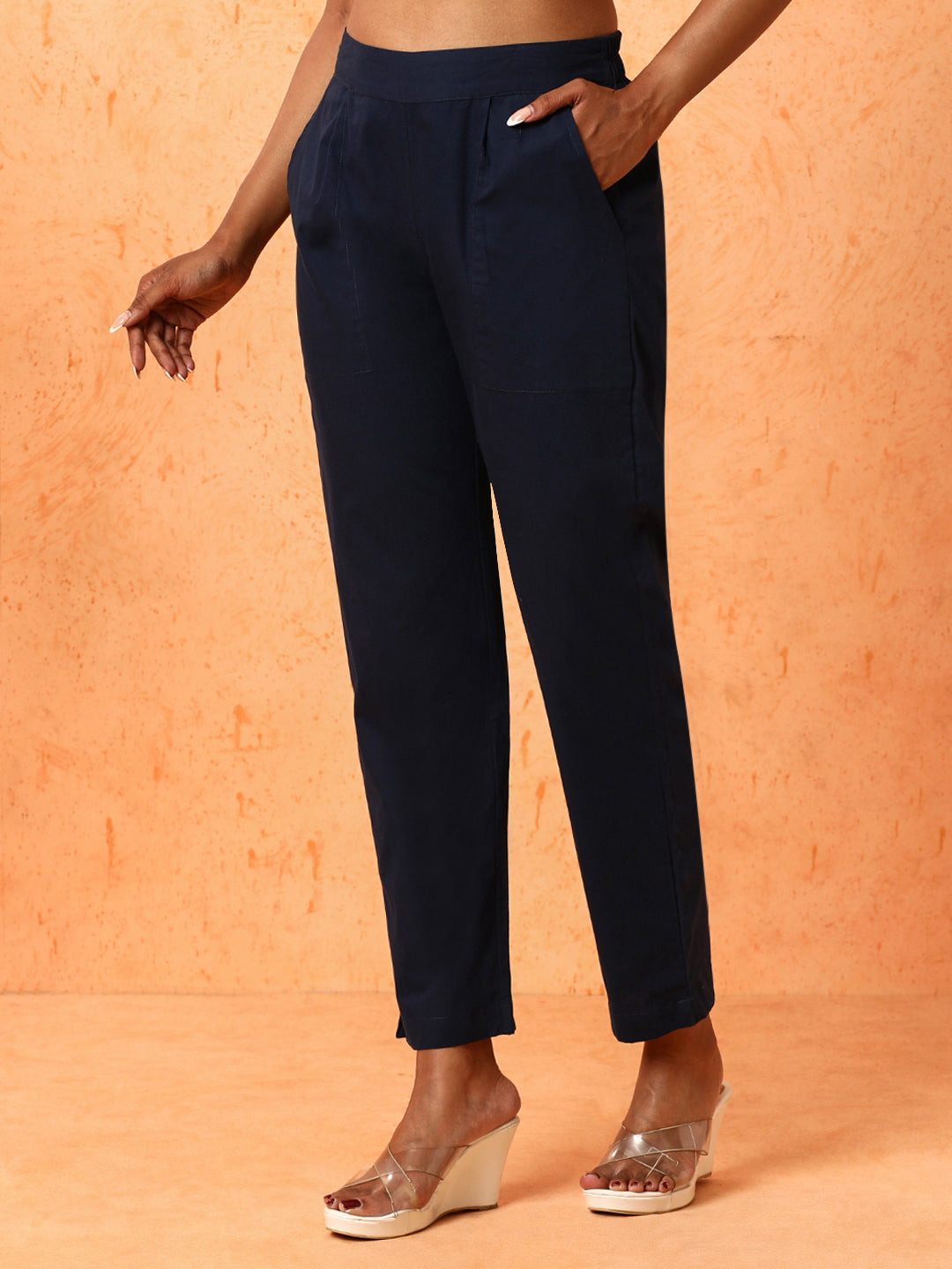 Women Navy Blue Solid Regular Trousers