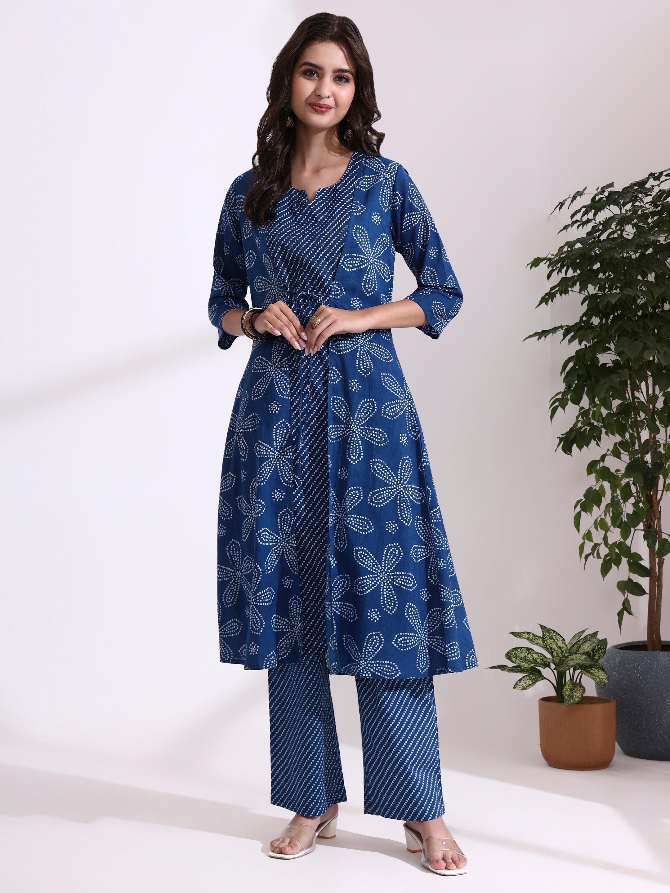 Bandhani Printed Straight Pure Cotton Kurta & Trousers Sets