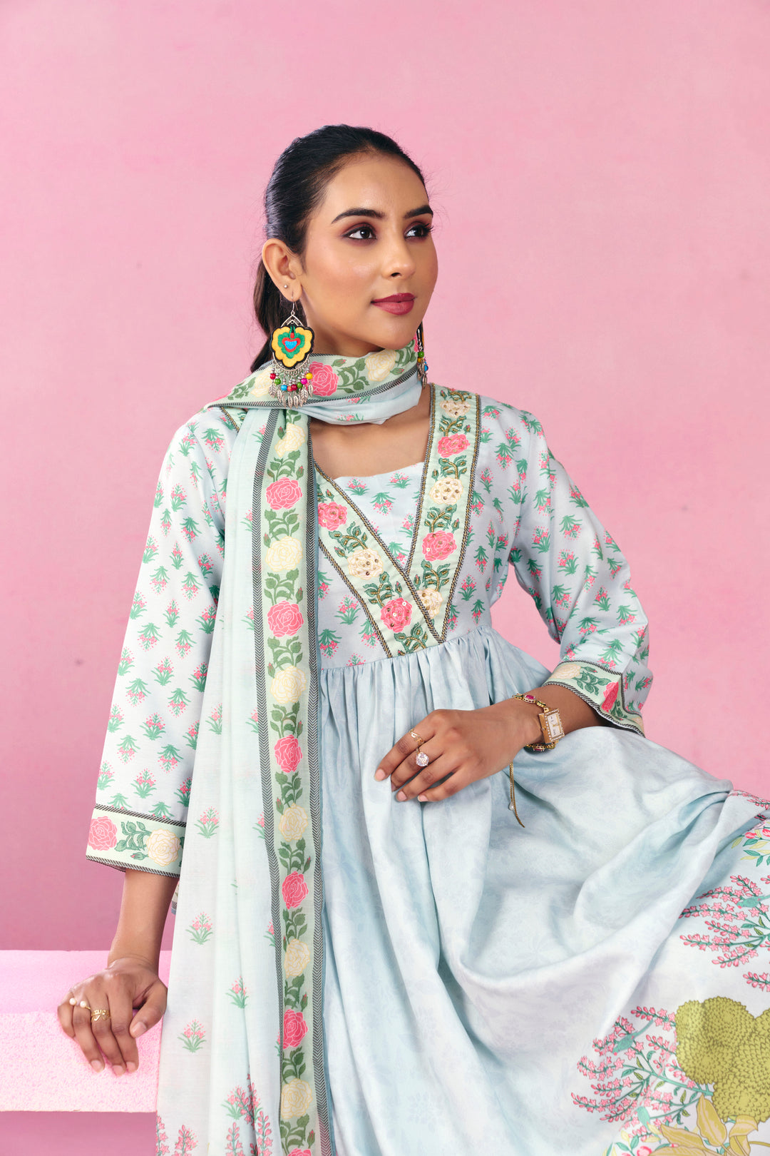 Floral Embroidered A-Line Viscose Rayon Kurta & Trousers Sets