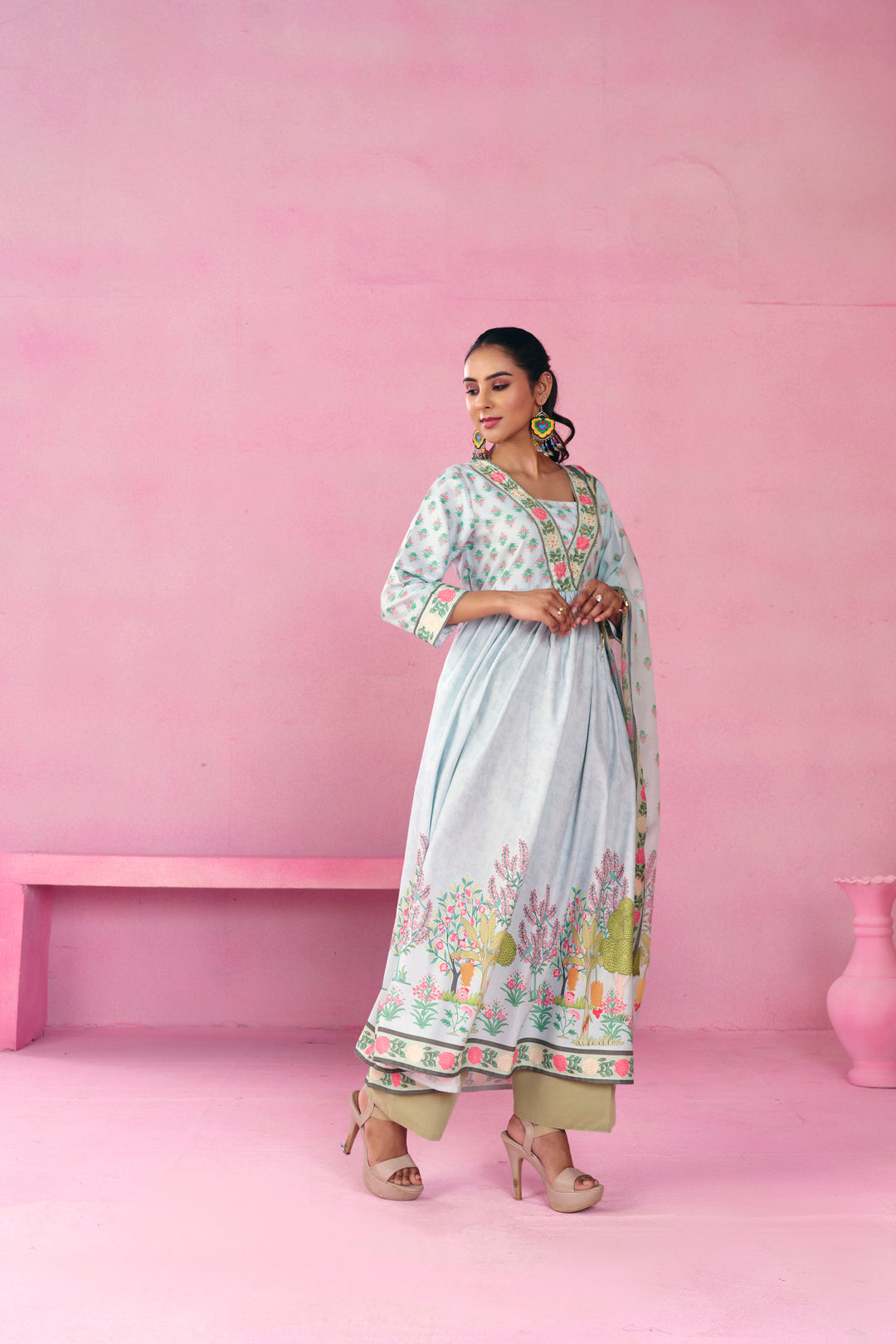 Floral Embroidered A-Line Viscose Rayon Kurta & Trousers Sets