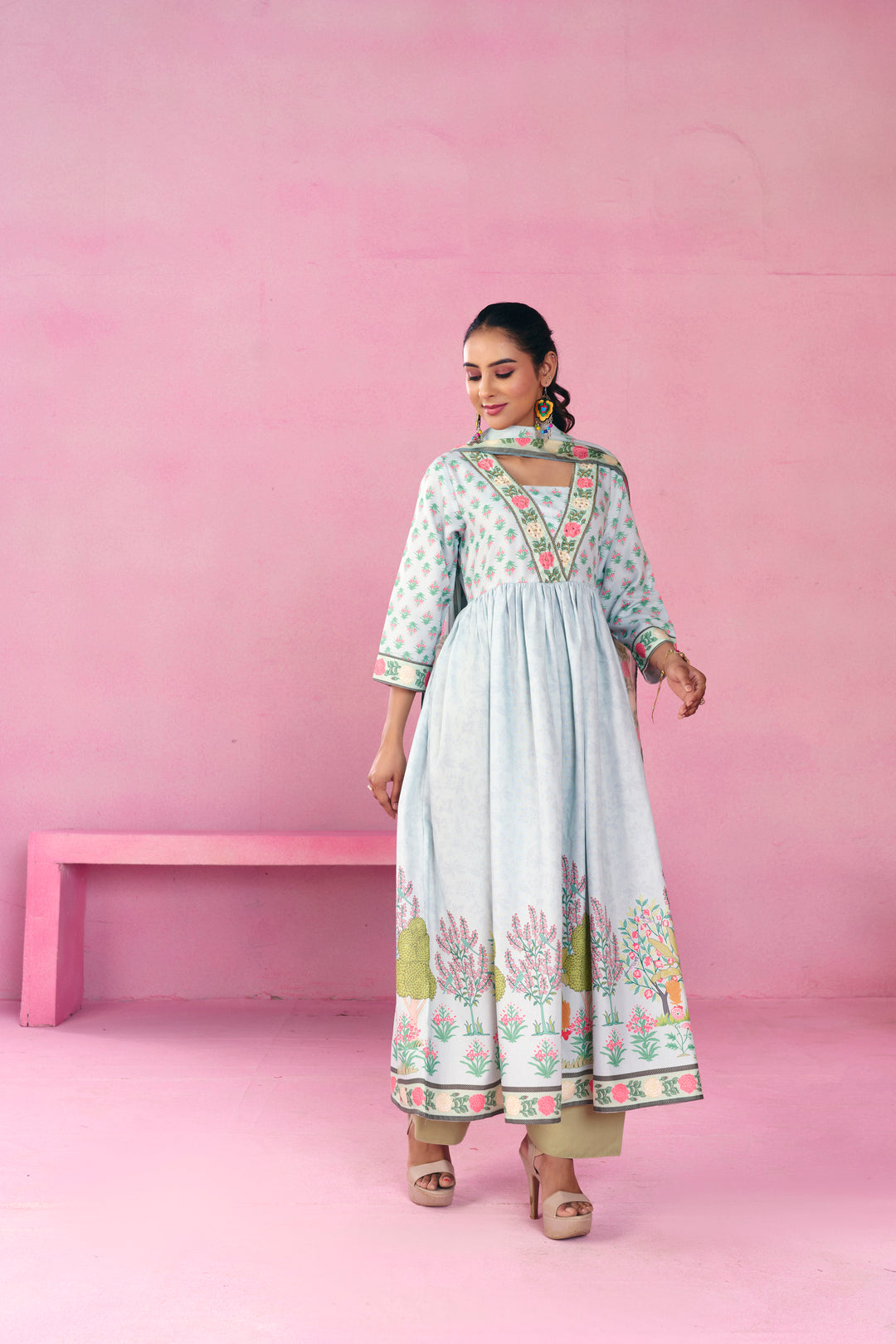 Floral Embroidered A-Line Viscose Rayon Kurta & Trousers Sets