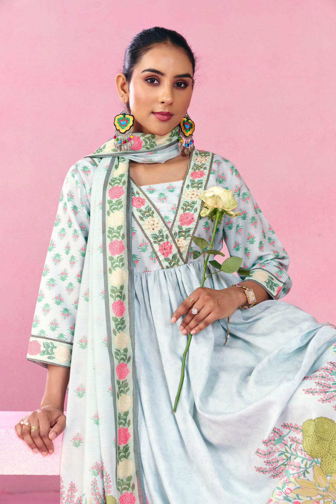 Floral Embroidered A-Line Viscose Rayon Kurta & Trousers Sets