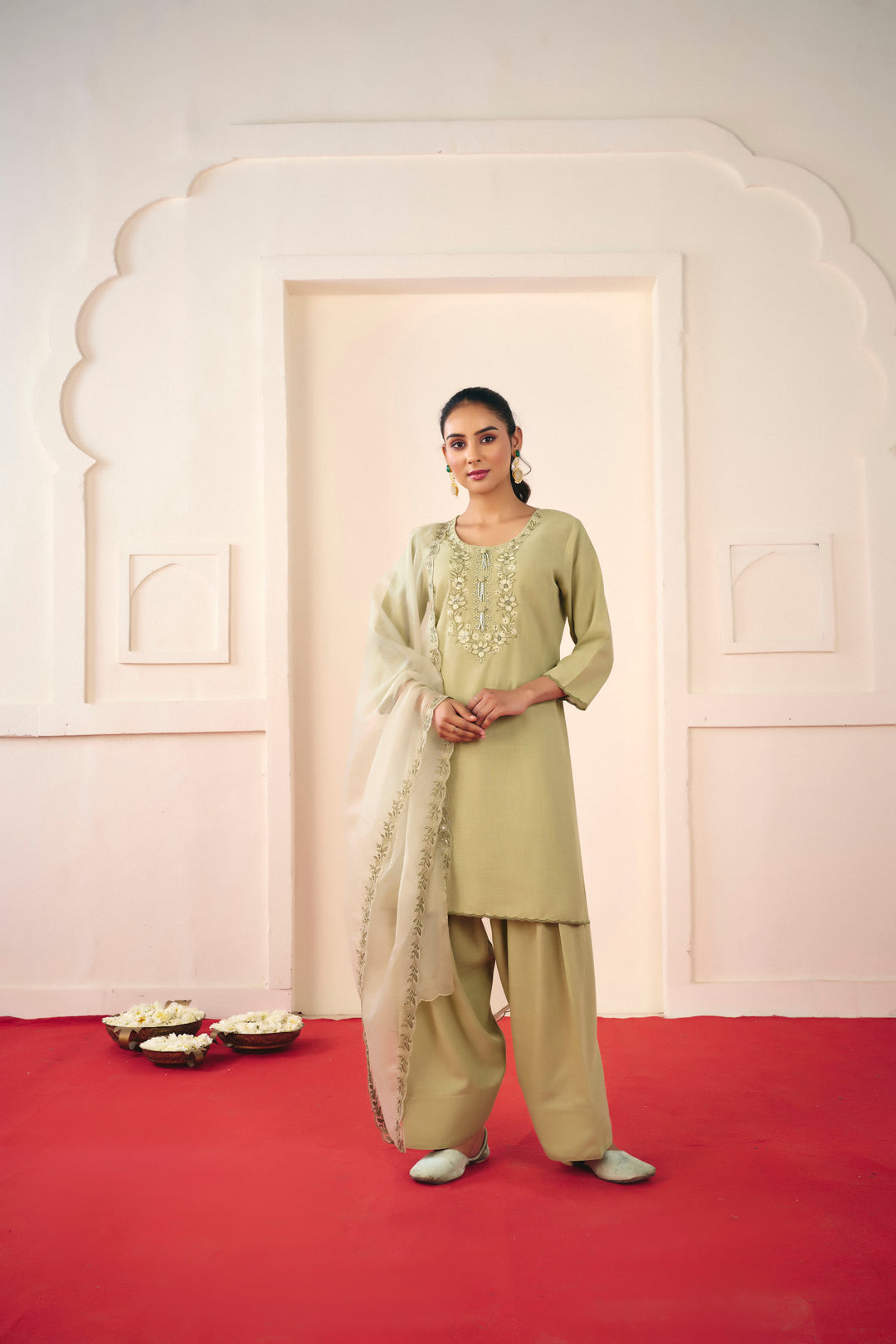 Floral Embroidered Straight Linen Kurta & Salwar Sets