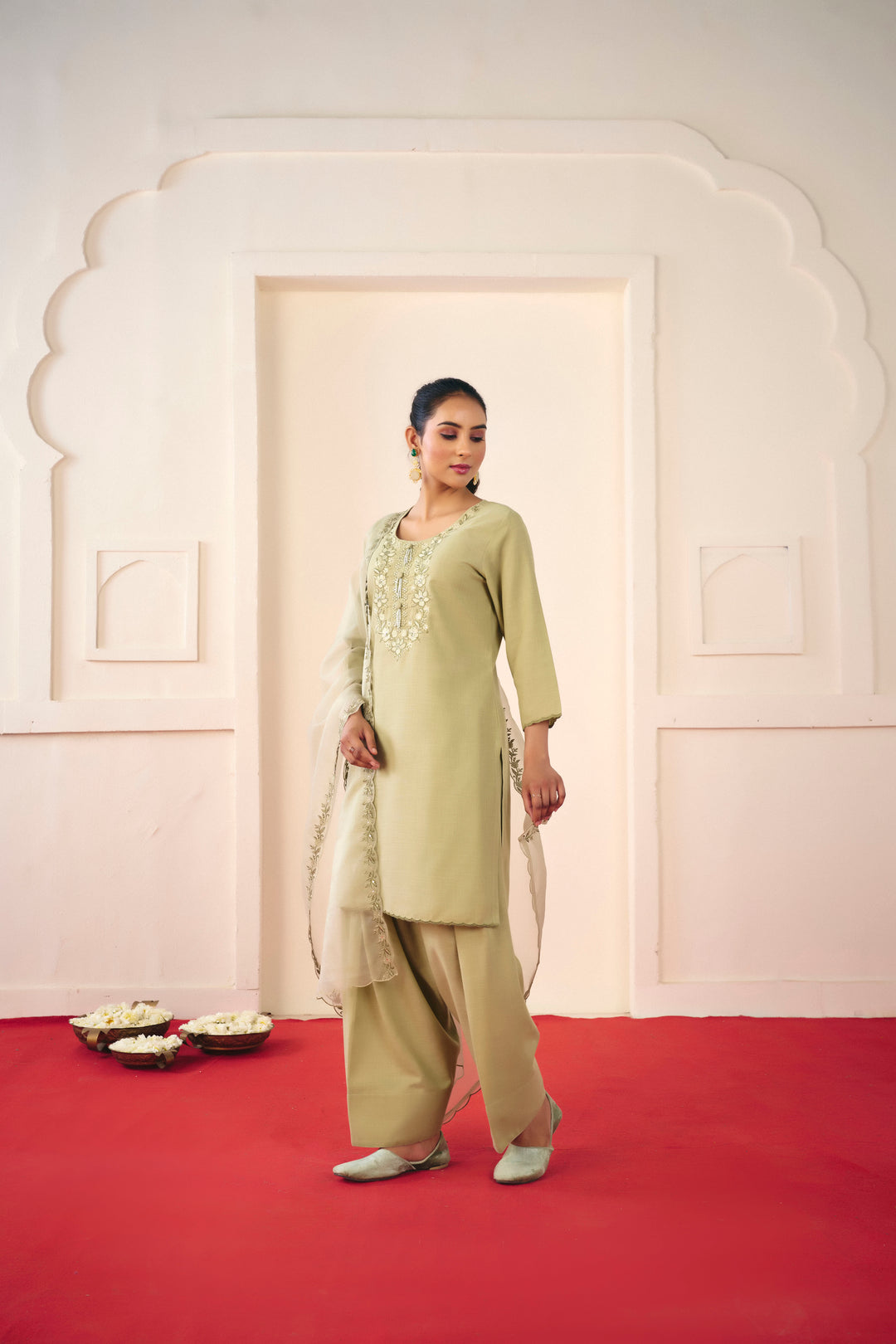 Floral Embroidered Straight Linen Kurta & Salwar Sets
