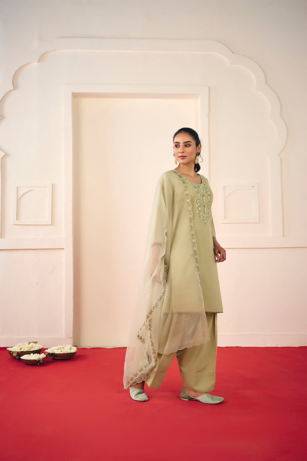 Floral Embroidered Straight Linen Kurta & Salwar Sets