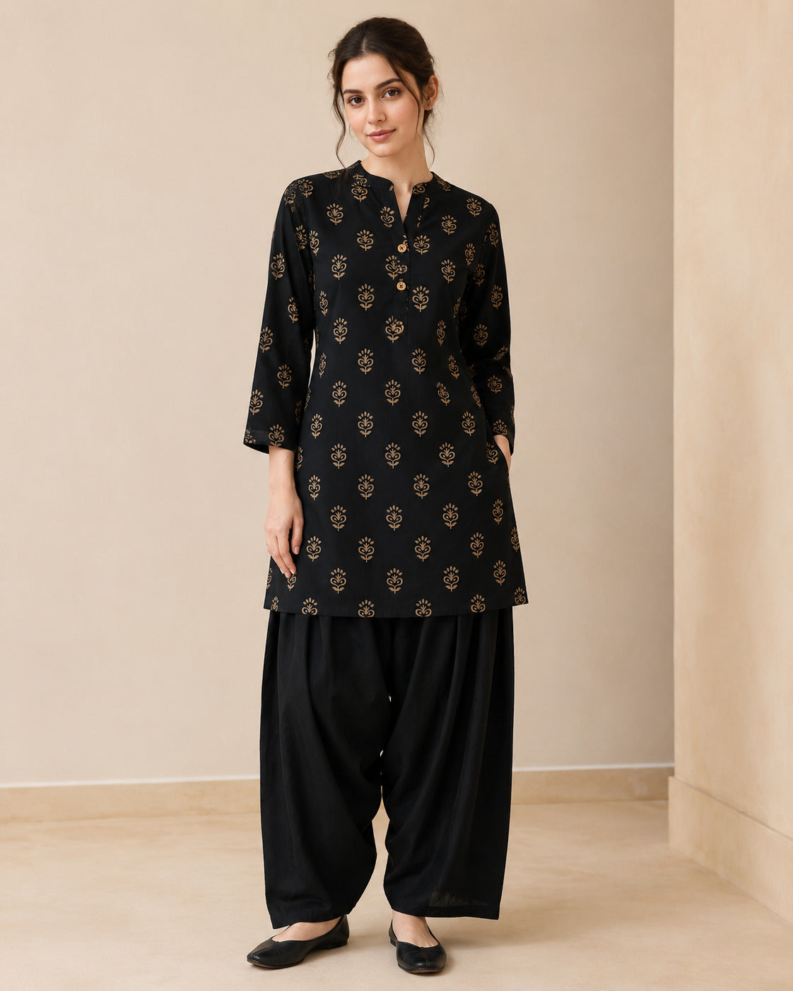 Floral Printed Straight Pure Cotton Kurta & Farshi Salwar Sets