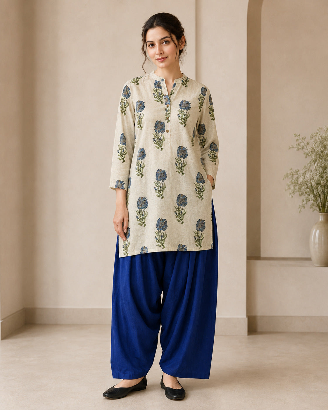 Floral Printed Straight Pure Cotton Kurta & Farshi Salwar Sets