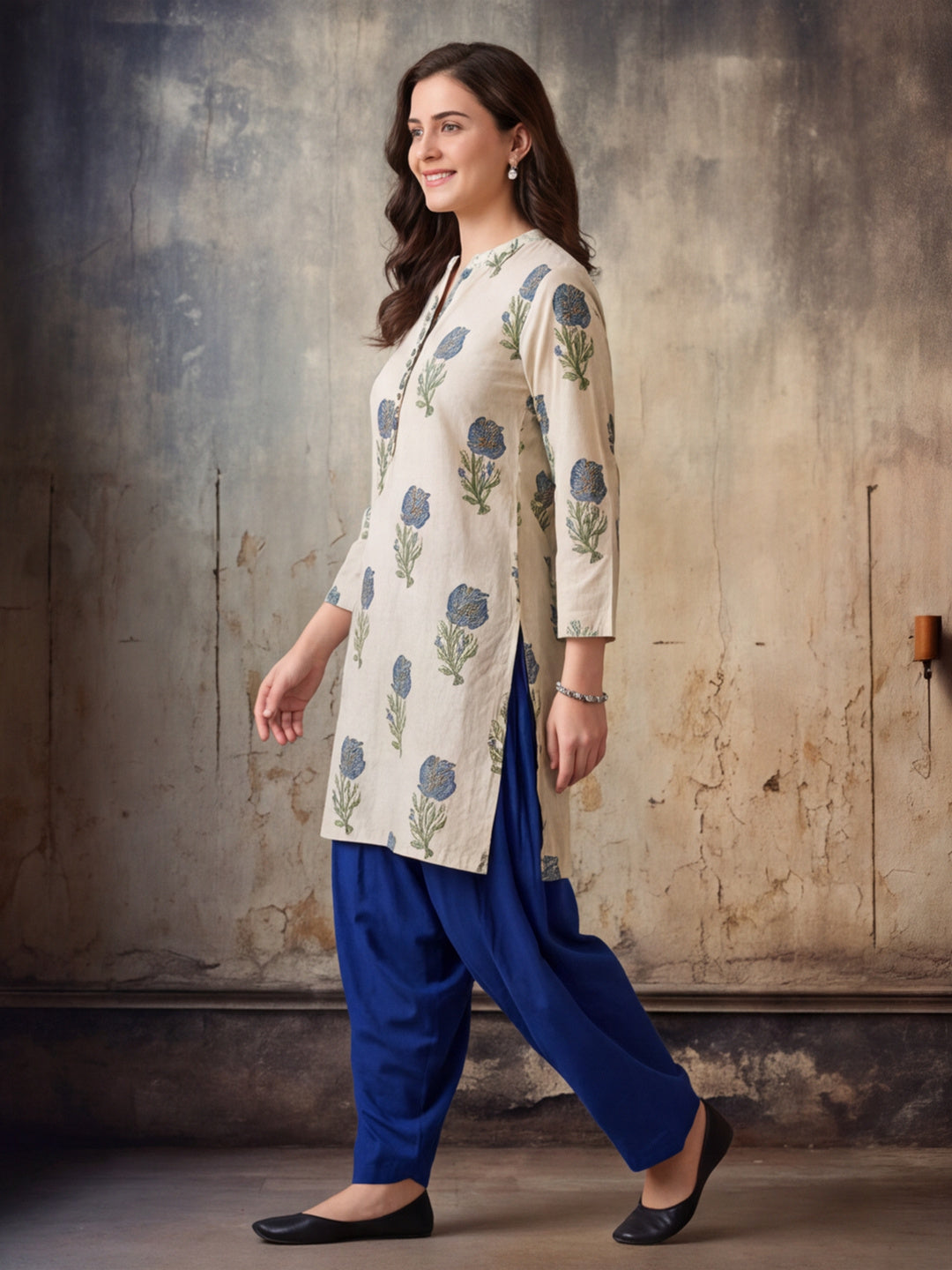 Floral Printed Straight Pure Cotton Kurta & Farshi Salwar Sets