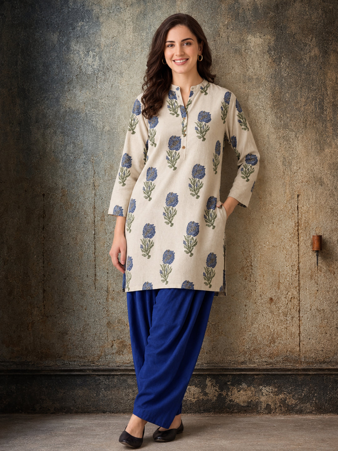 Floral Printed Straight Pure Cotton Kurta & Farshi Salwar Sets