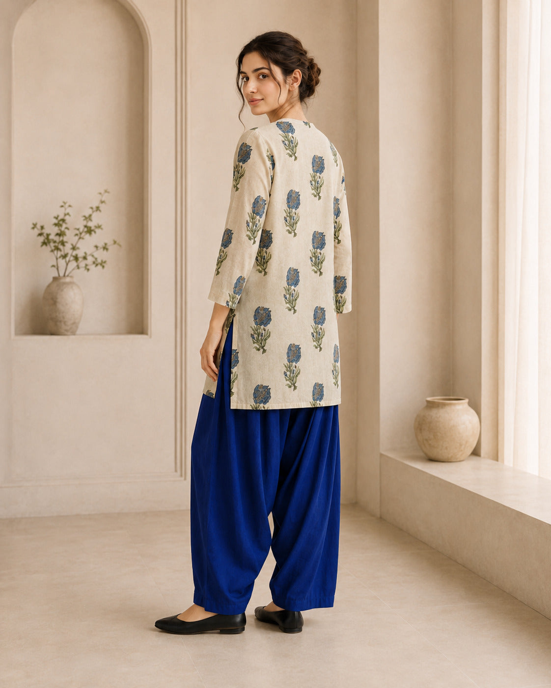 Floral Printed Straight Pure Cotton Kurta & Farshi Salwar Sets