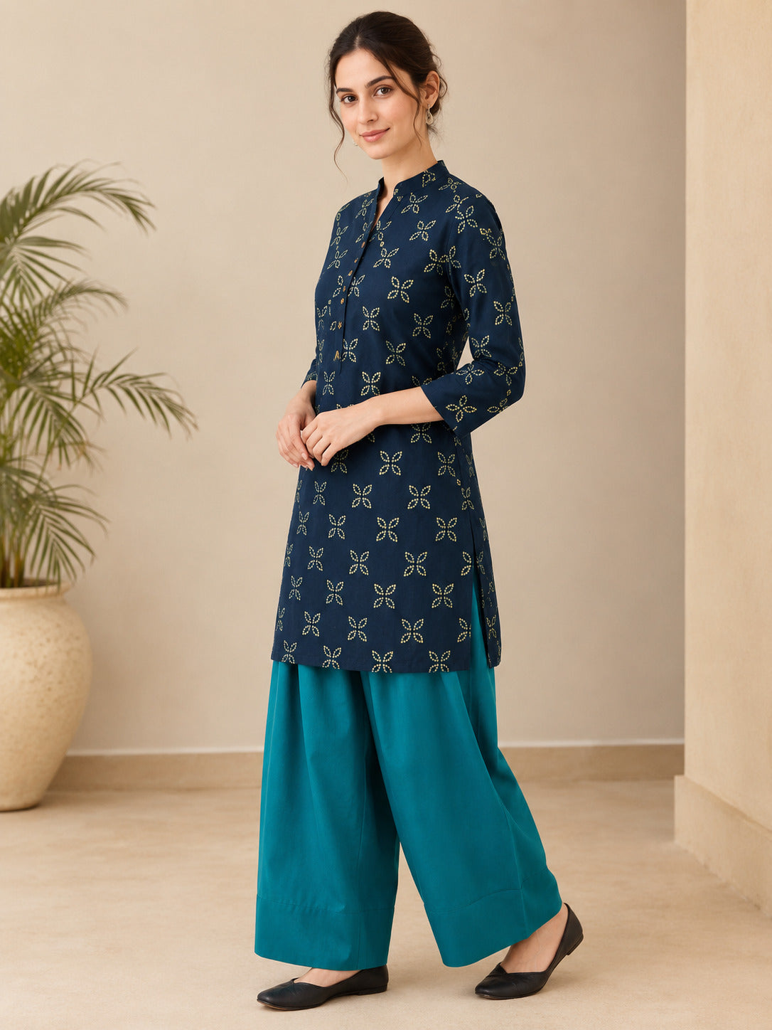 Floral Printed Straight Pure Cotton Kurta & Farshi Salwar Sets