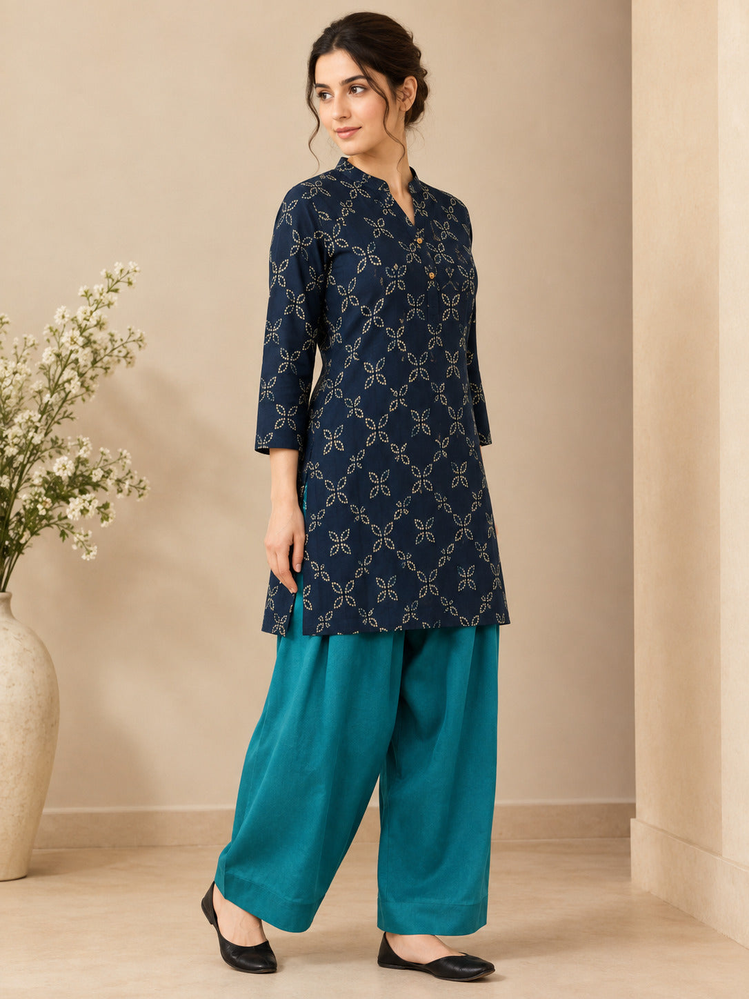Floral Printed Straight Pure Cotton Kurta & Farshi Salwar Sets