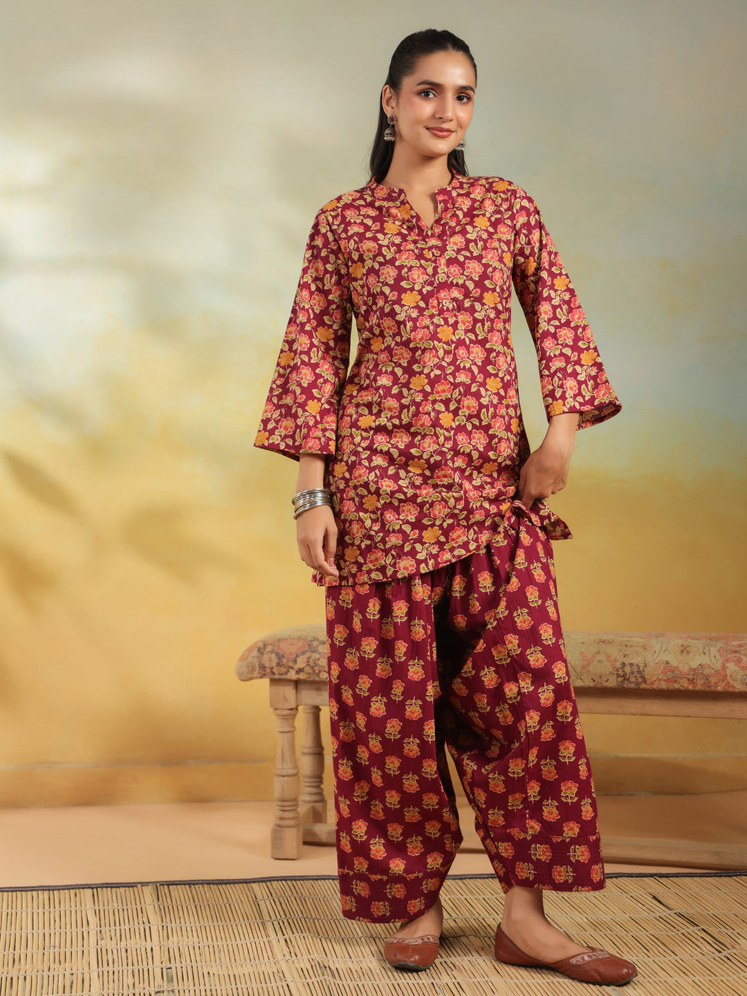 Floral Printed Straight Pure Cotton Kurta & Salwar Sets