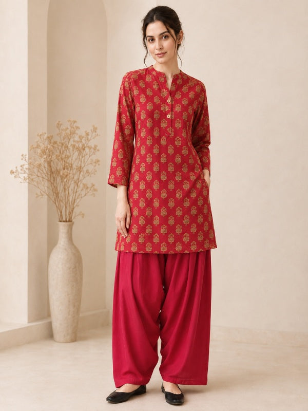 Floral Printed Straight Pure Cotton Kurta & Farshi Salwar Sets