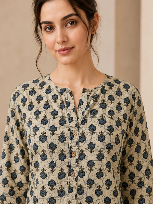 Floral Printed Straight Pure Cotton Kurta & Farshi Salwar Sets