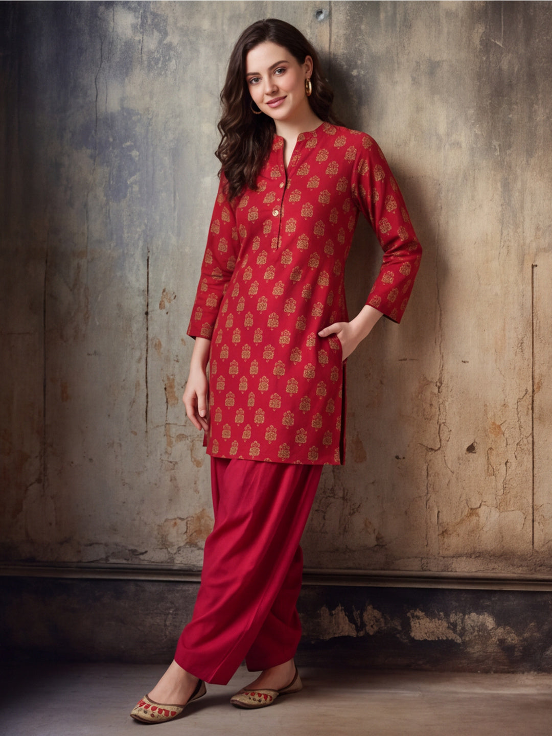 Floral Printed Straight Pure Cotton Kurta & Farshi Salwar Sets