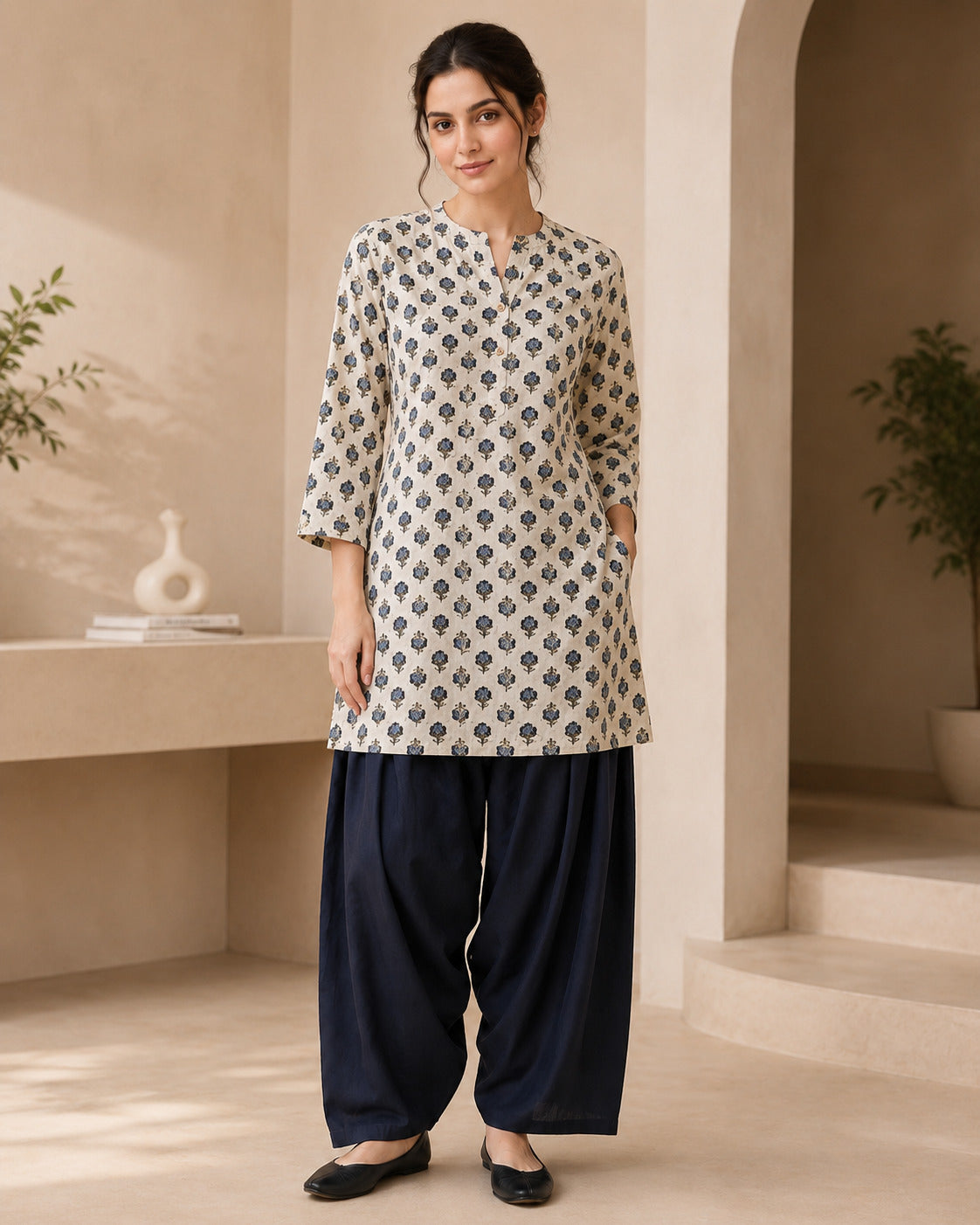 Floral Printed Straight Pure Cotton Kurta & Farshi Salwar Sets