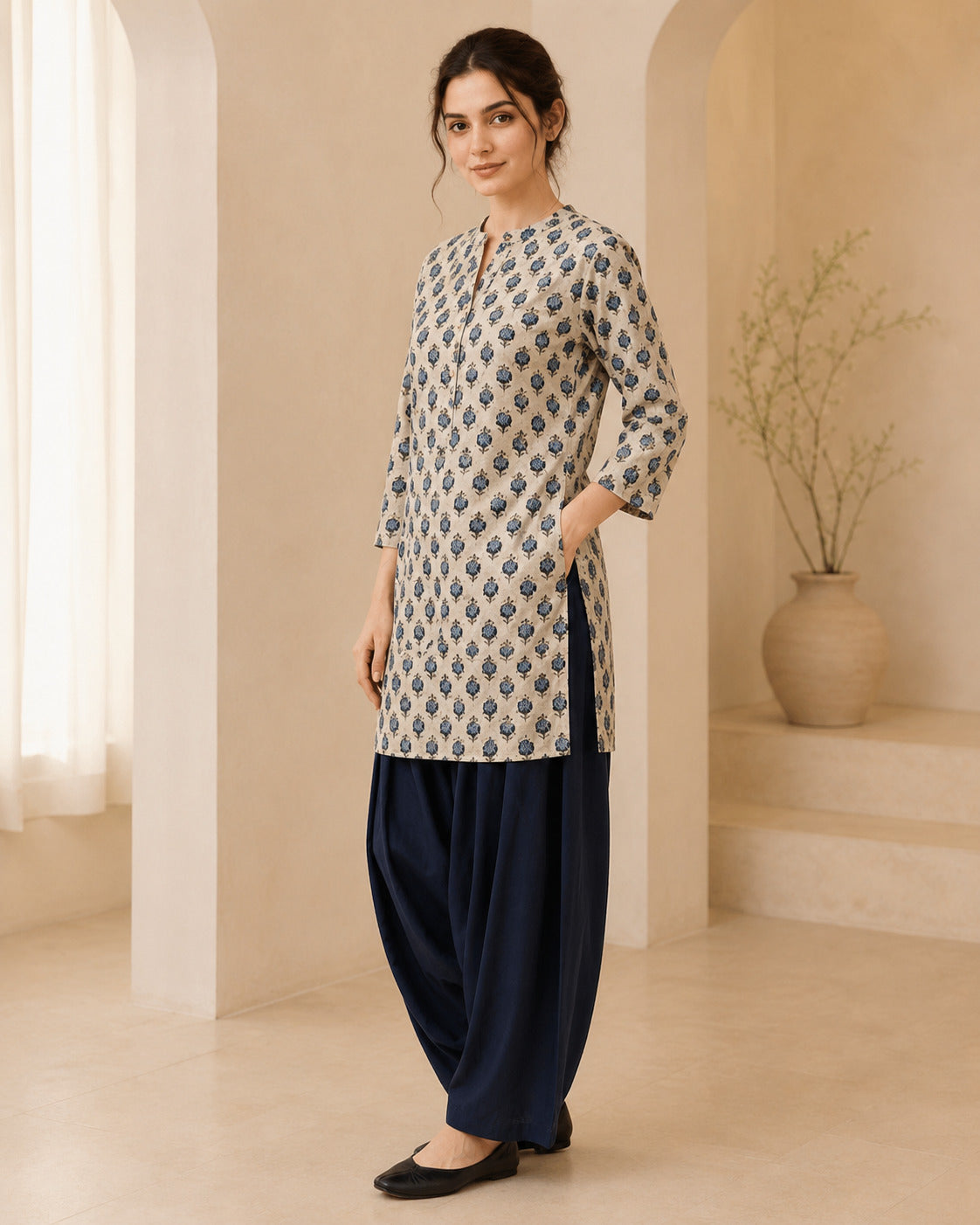 Floral Printed Straight Pure Cotton Kurta & Farshi Salwar Sets