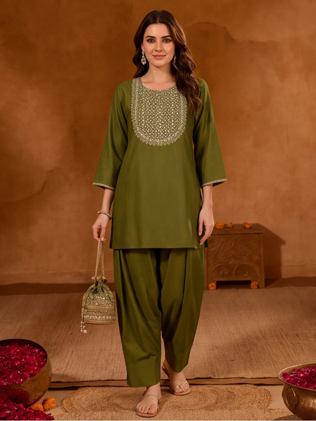 Floral Embroidered Straight Kurta & Farshi Salwar Sets