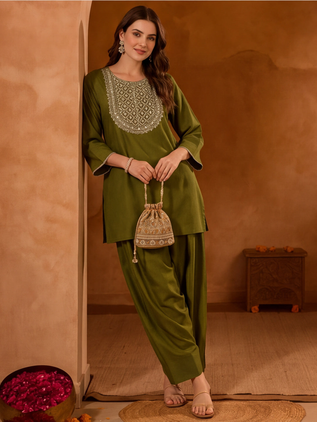 Floral Embroidered Straight Kurta & Farshi Salwar Sets