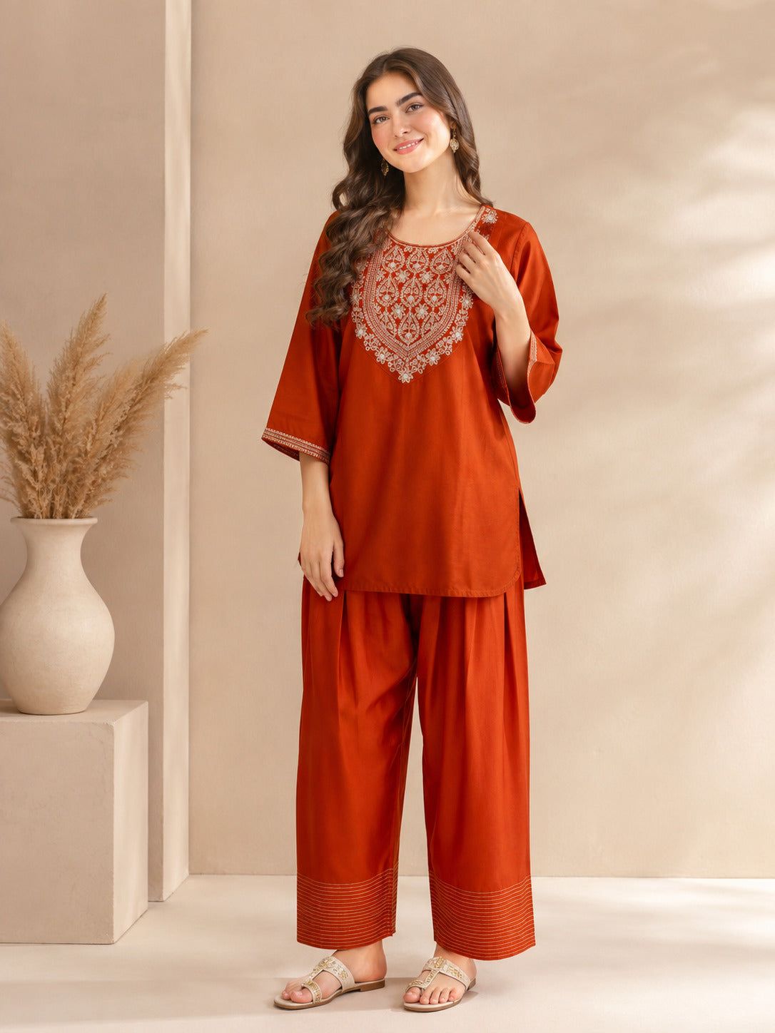 Floral Embroidered Straight Kurta & Farshi Salwar Sets