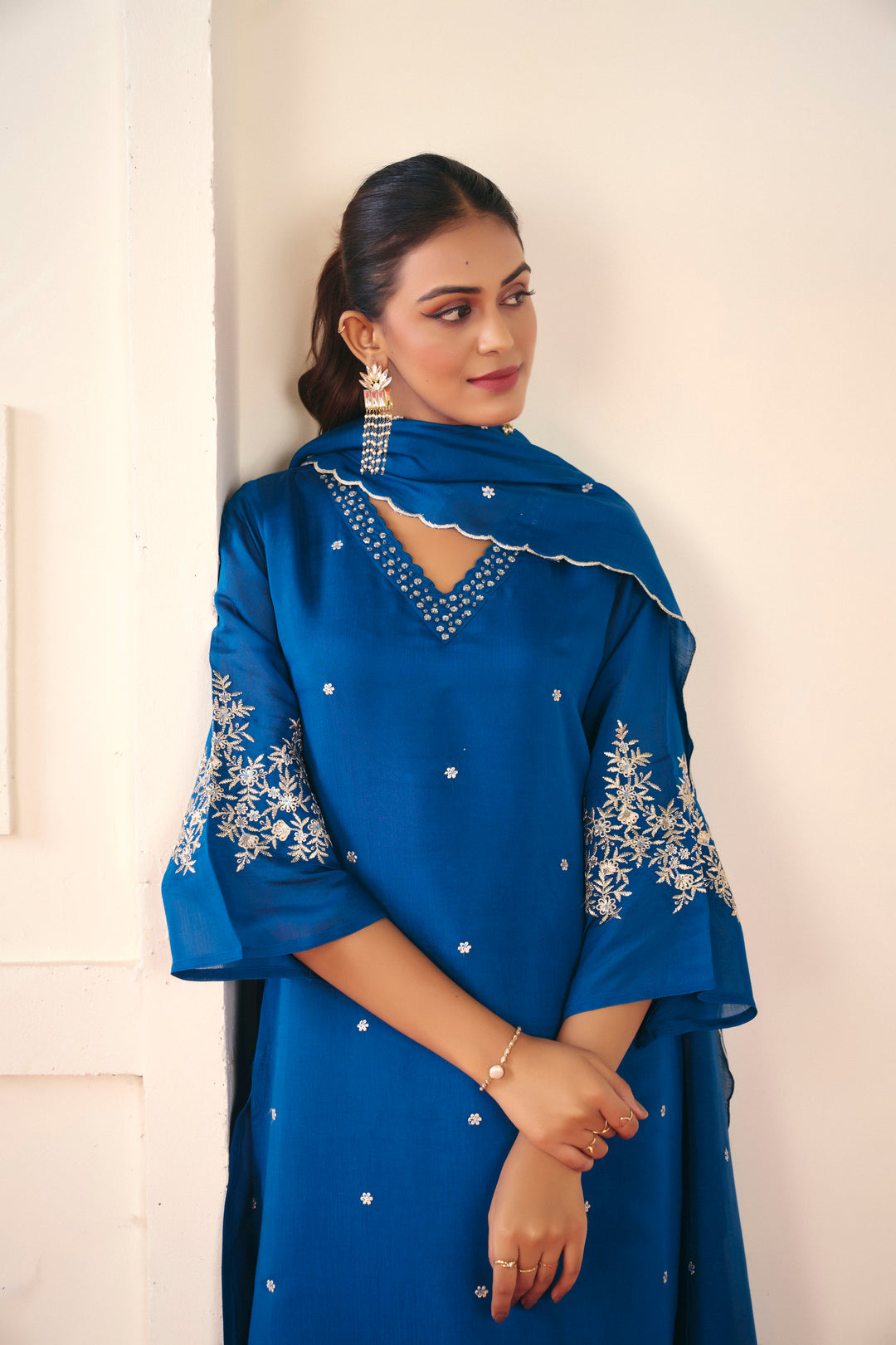 Floral Embroidered Straight Chanderi Cotton Kurta & Trousers Sets