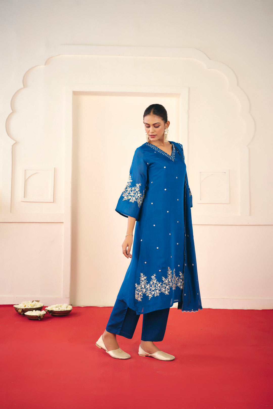 Floral Embroidered Straight Chanderi Cotton Kurta & Trousers Sets