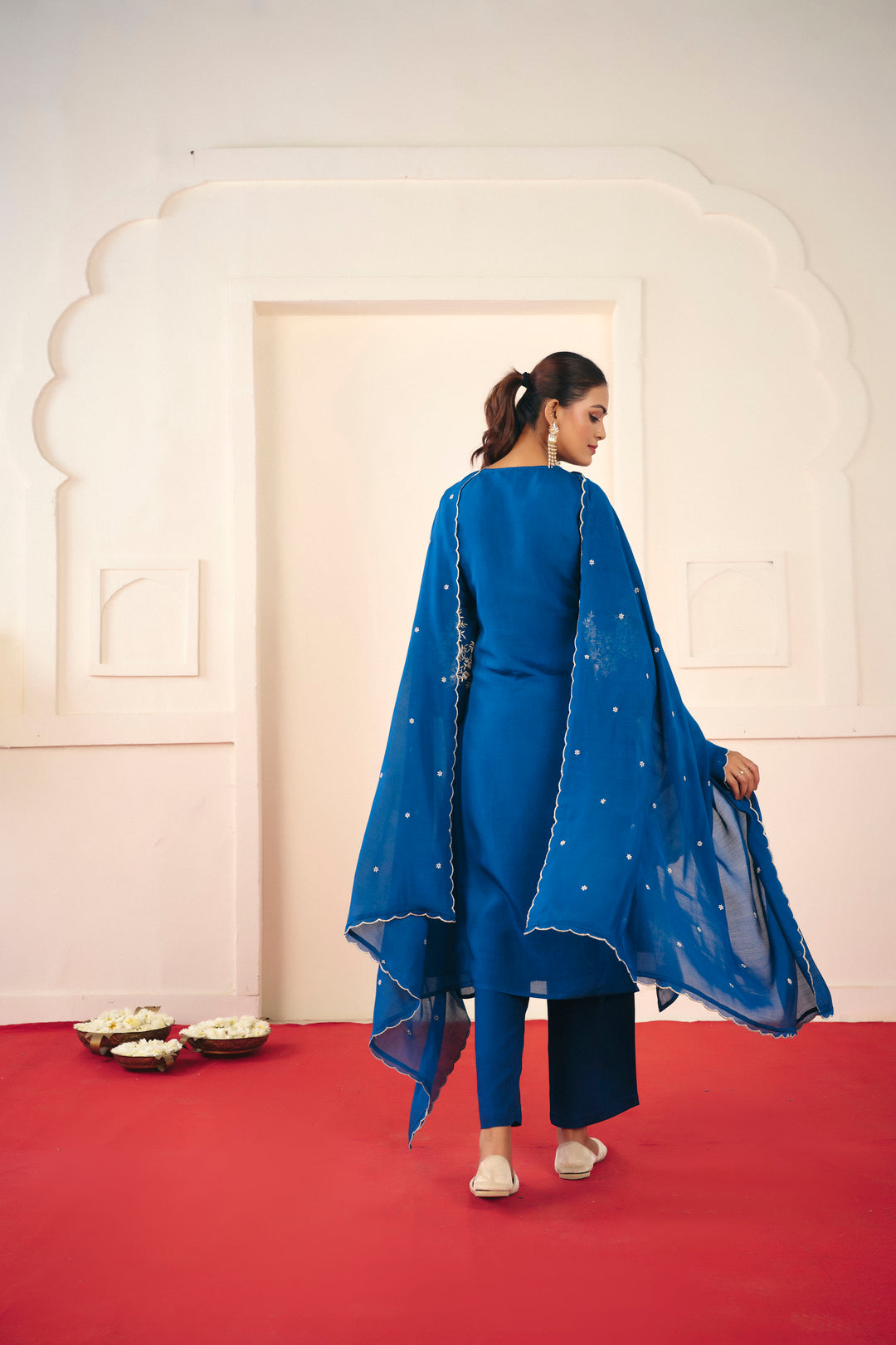 Floral Embroidered Straight Chanderi Cotton Kurta & Trousers Sets