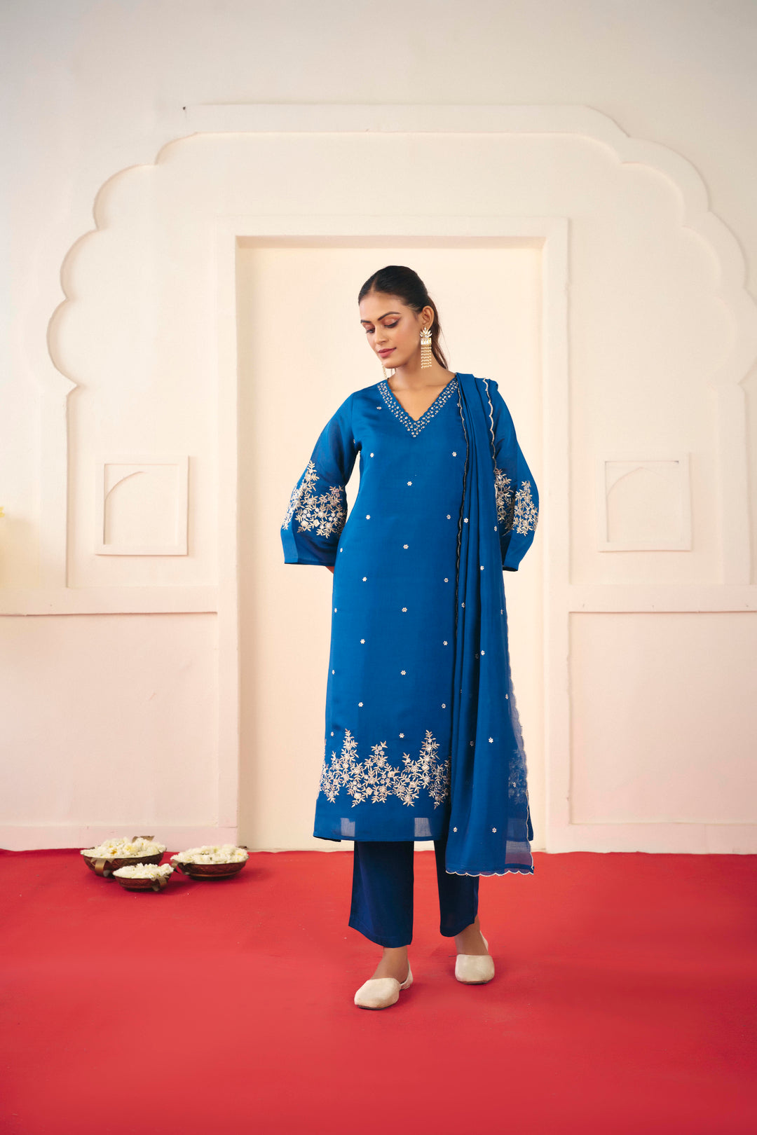 Floral Embroidered Straight Chanderi Cotton Kurta & Trousers Sets