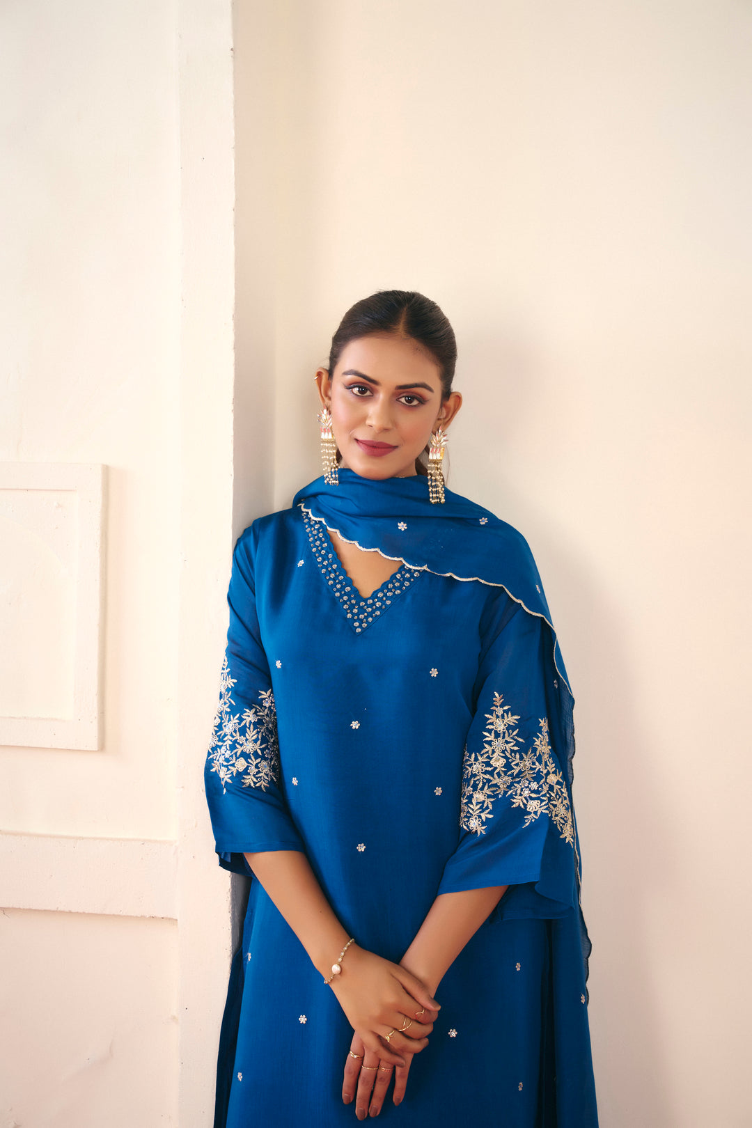 Floral Embroidered Straight Chanderi Cotton Kurta & Trousers Sets