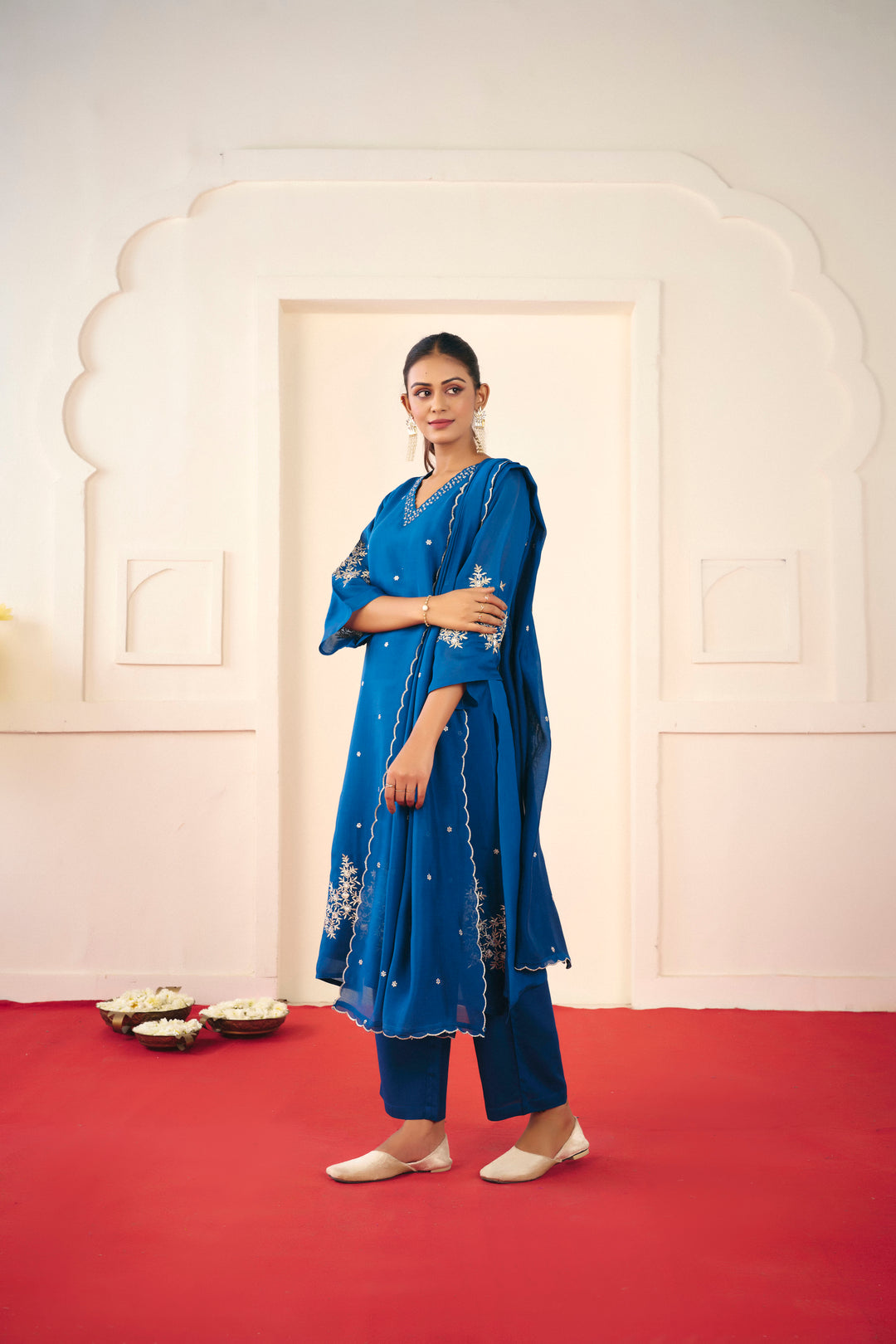 Floral Embroidered Straight Chanderi Cotton Kurta & Trousers Sets