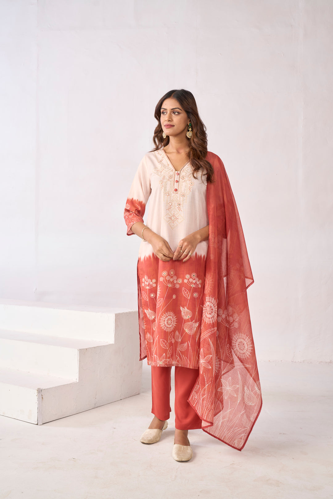 Floral Embroidered Straight Cotton Blend Kurta & Trousers Sets
