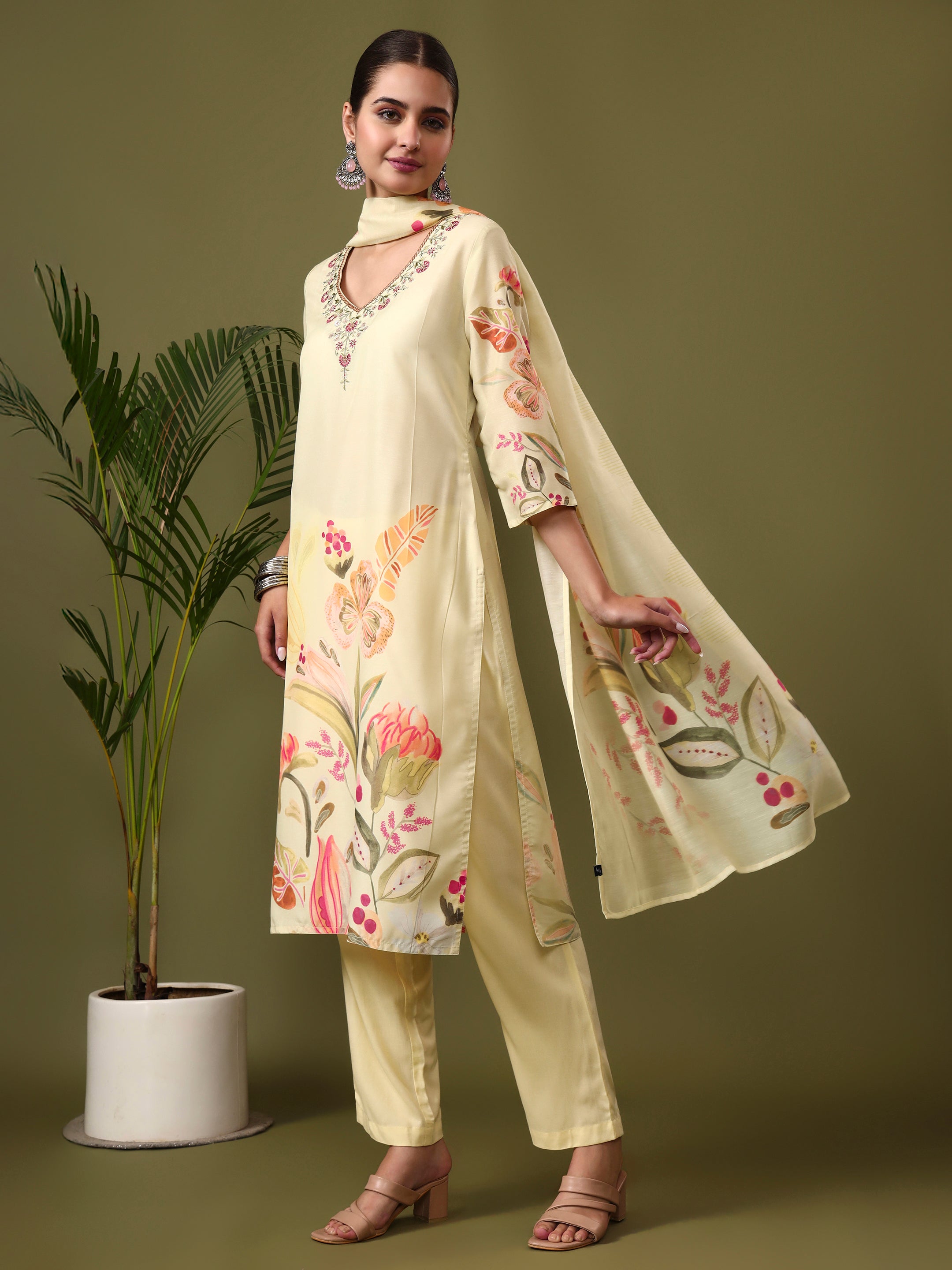 Floral Embroidered Straight Kurta & Trousers Sets