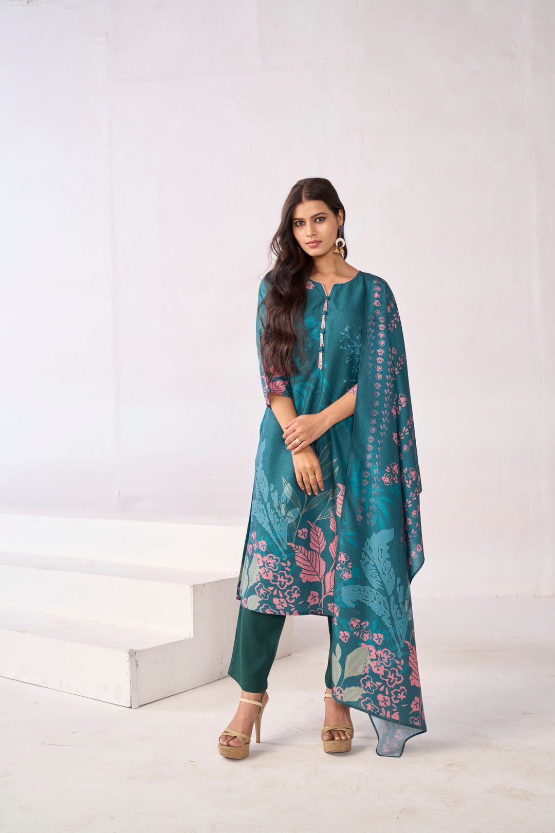 Floral Embroidered Straight Kurta & Trousers Sets