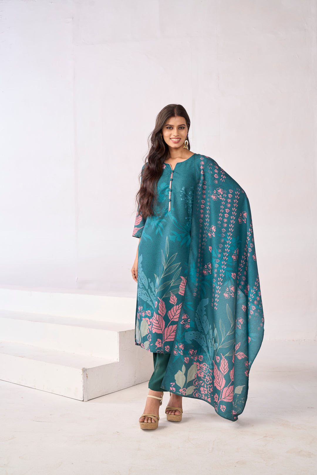 Floral Embroidered Straight Kurta & Trousers Sets