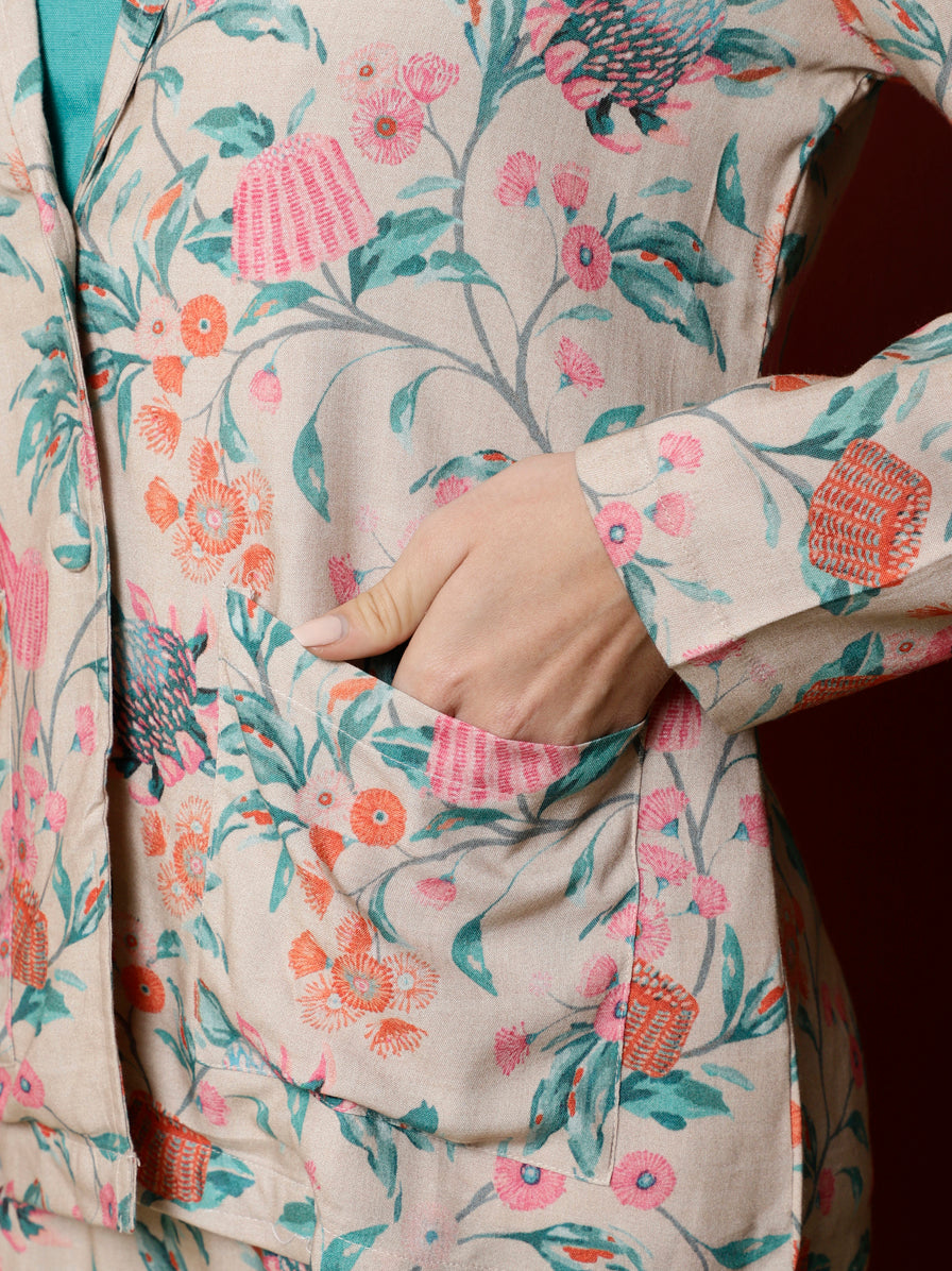 Beige Tropical Printed Jacket And Palazzo With Solid Crop Top