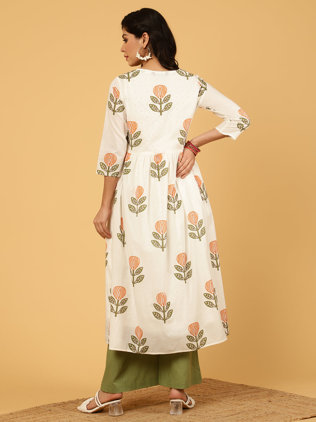 White Ethnic Motif Printed Shrug With Printed Kurta And Palazzo