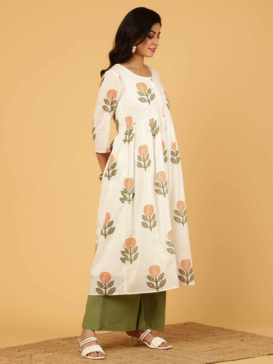 White Ethnic Motif Printed Shrug With Printed Kurta And Palazzo