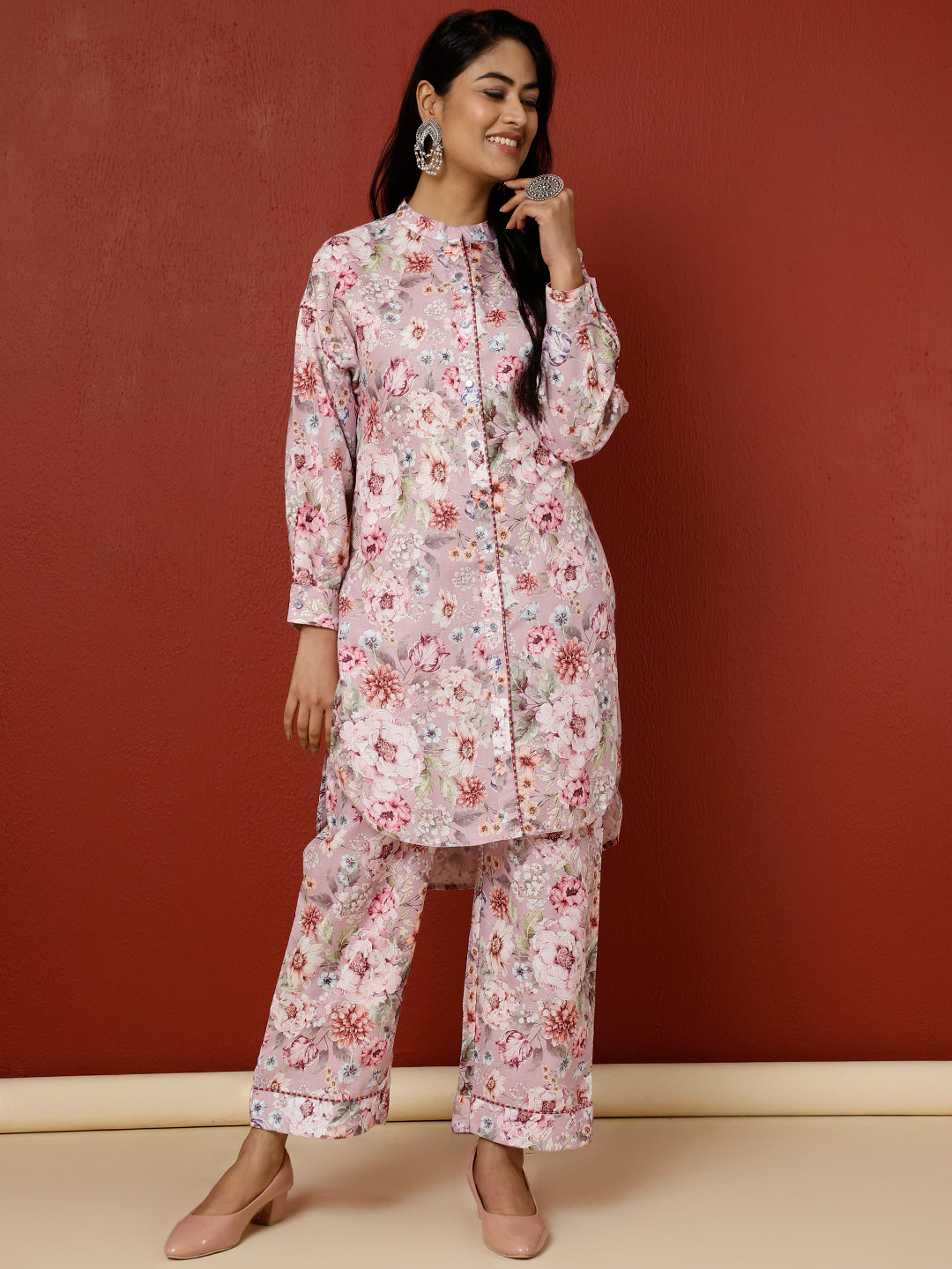 Pink Floral Printed Kurta With Palazzo Co-ord Set