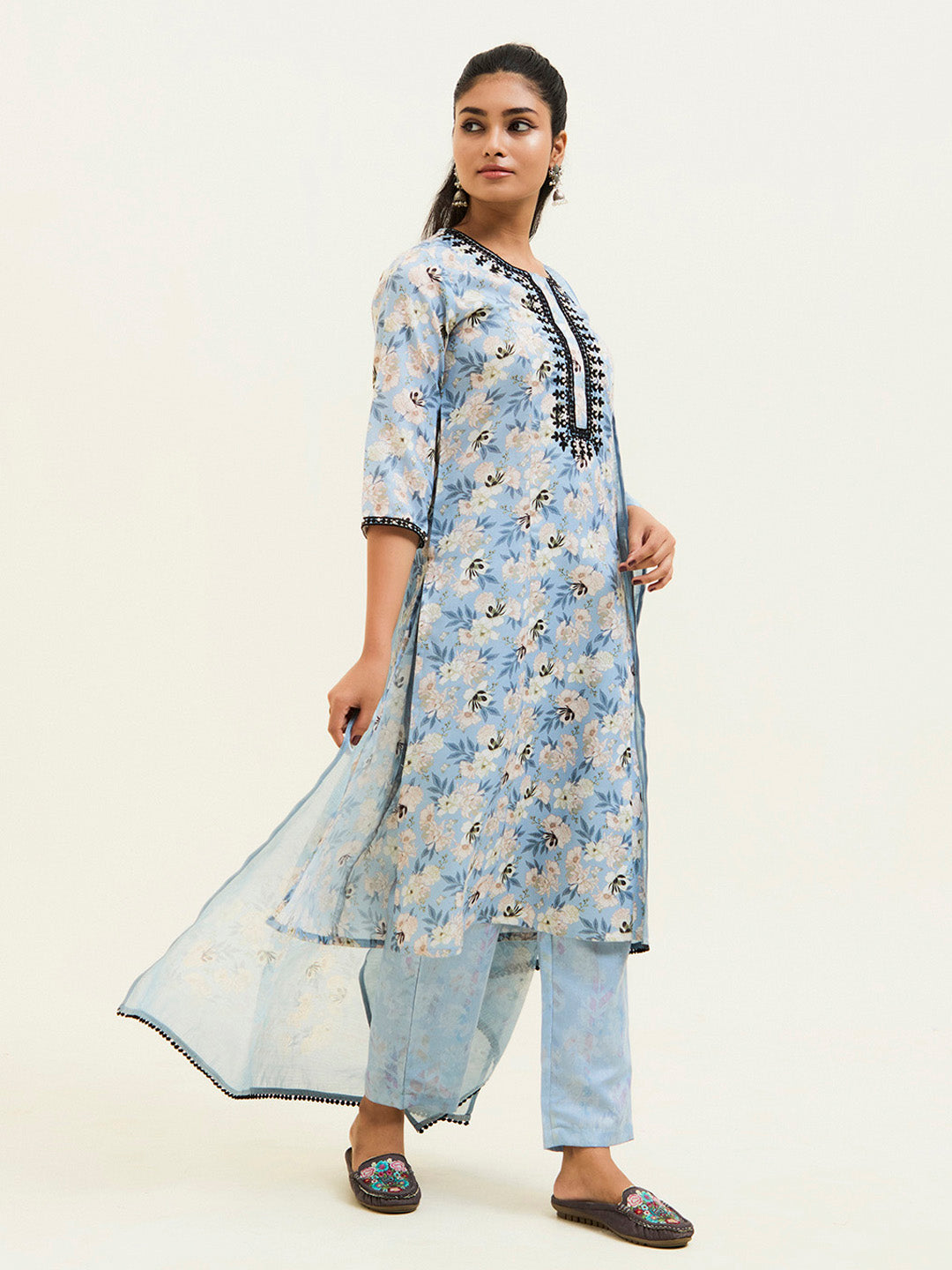 Blue Floral Printed Embroidered Suit Set