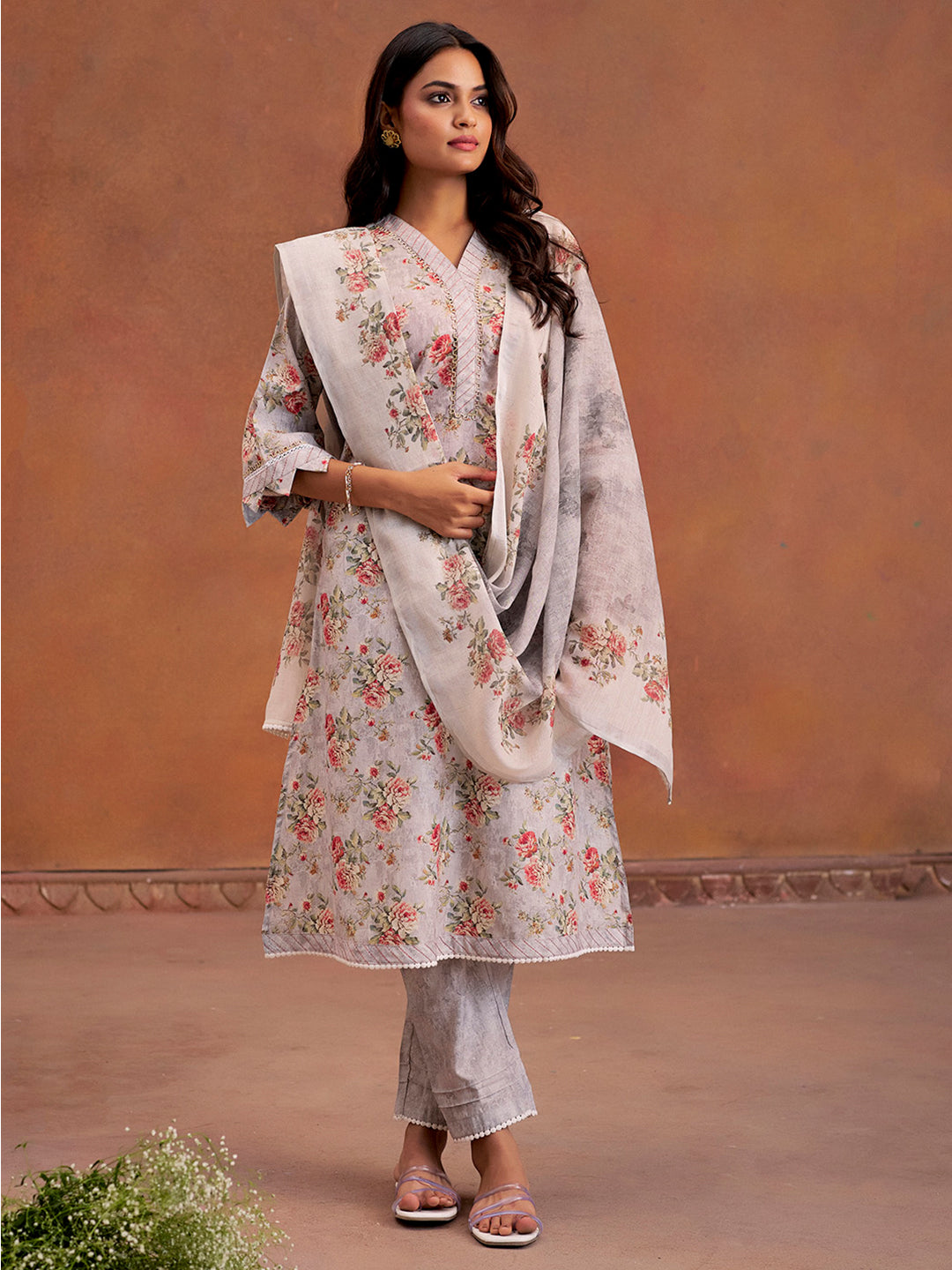 Grey Embellished Floral Printed Festive Kurta Set With Dupatta