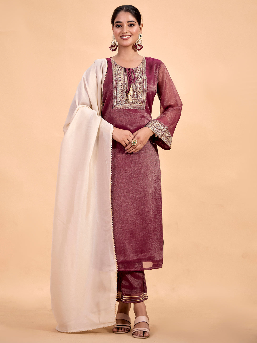 Zari Embroidered Tissue Silk Festive Kurta Set With Dupatta