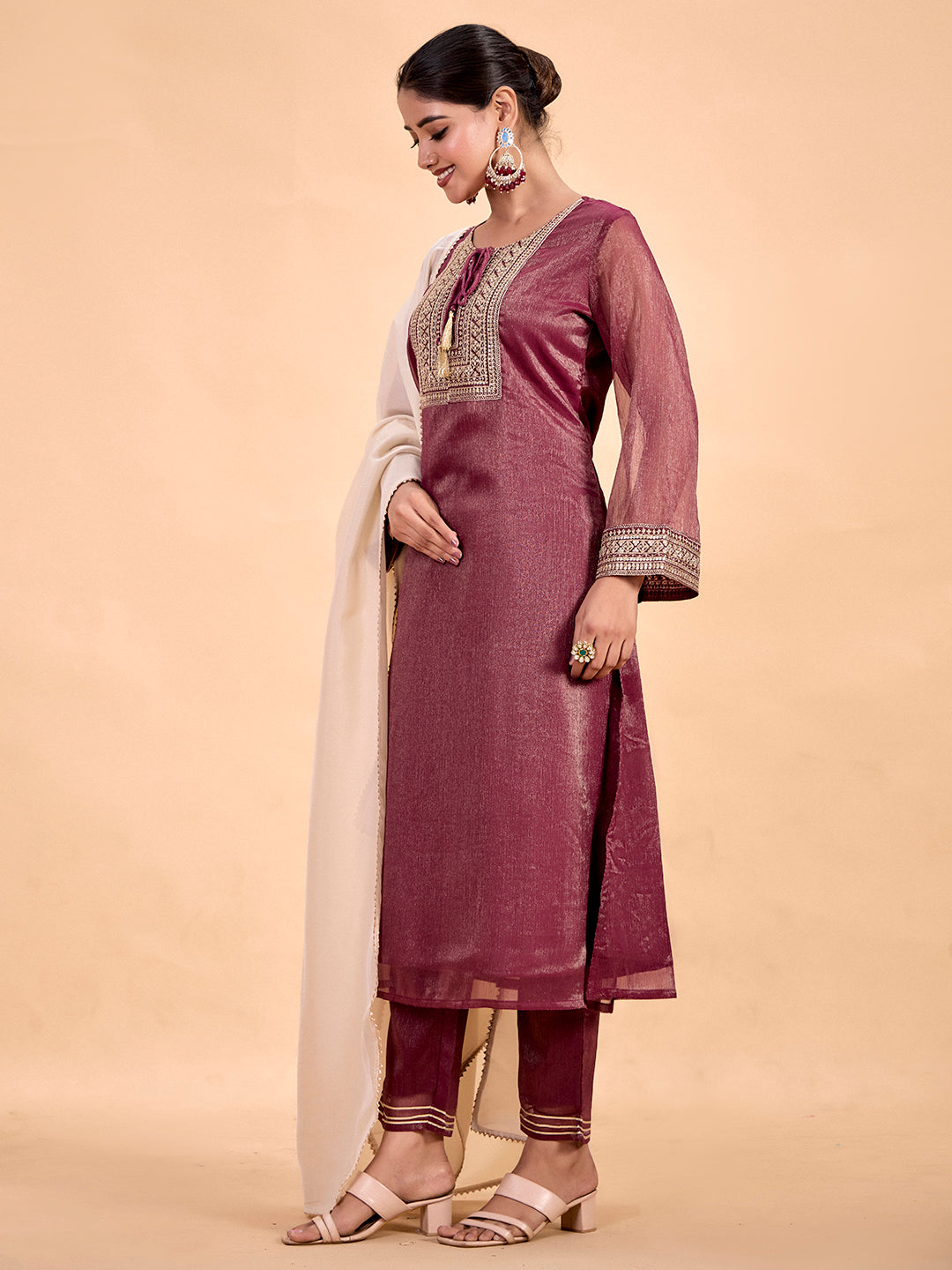 Zari Embroidered Tissue Silk Festive Kurta Set With Dupatta