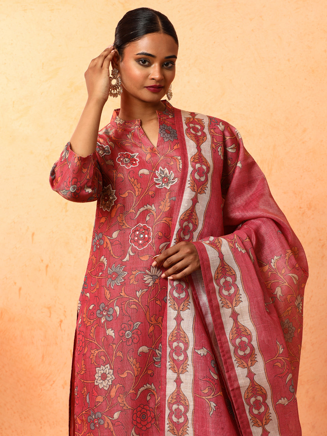 Floral Embroidered A-Line Silk Blend Kurta & Trousers Sets