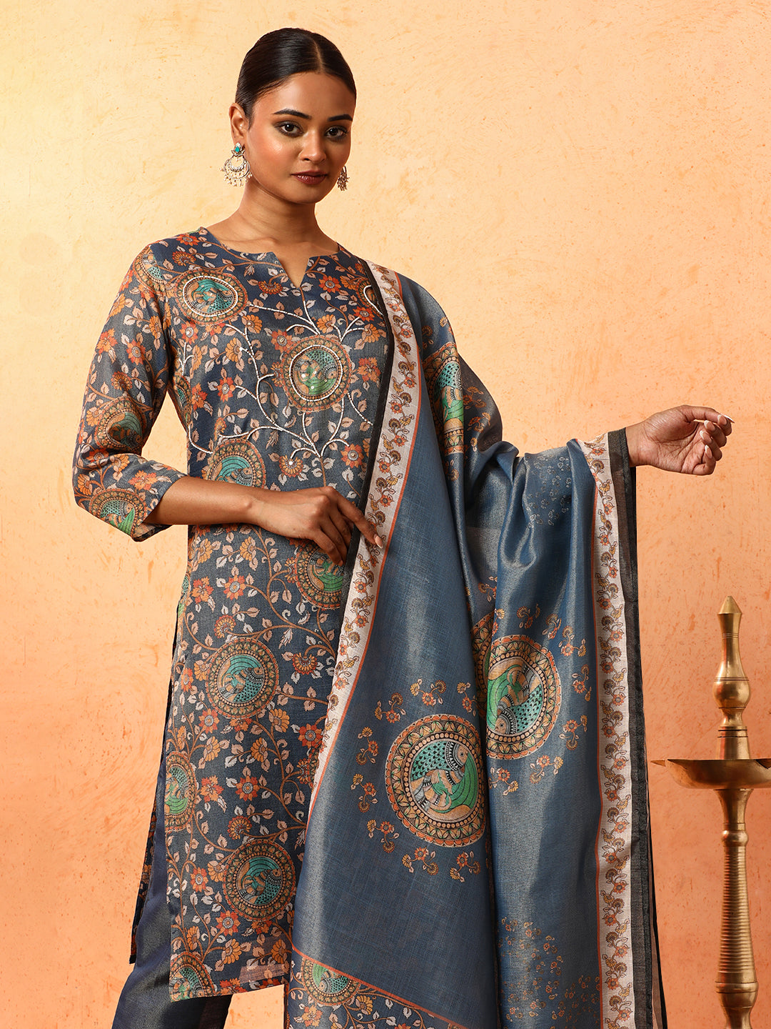 Floral Embroidered A-Line Silk Blend Kurta & Trousers Sets