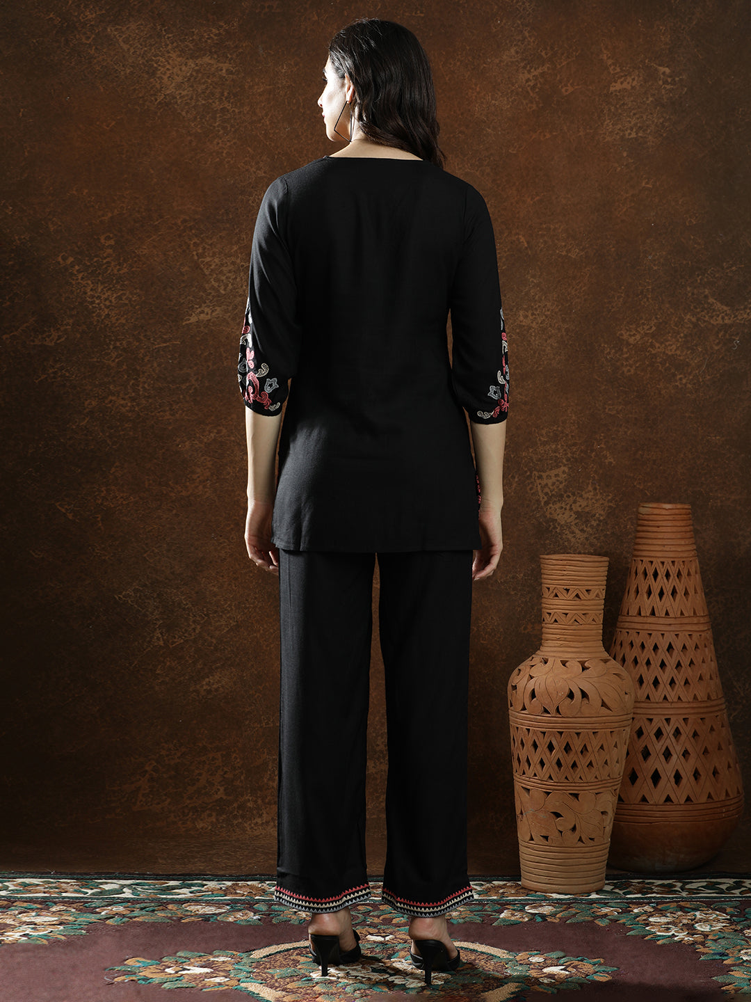 Floral Embroidered Straight Kurta & Trousers Sets