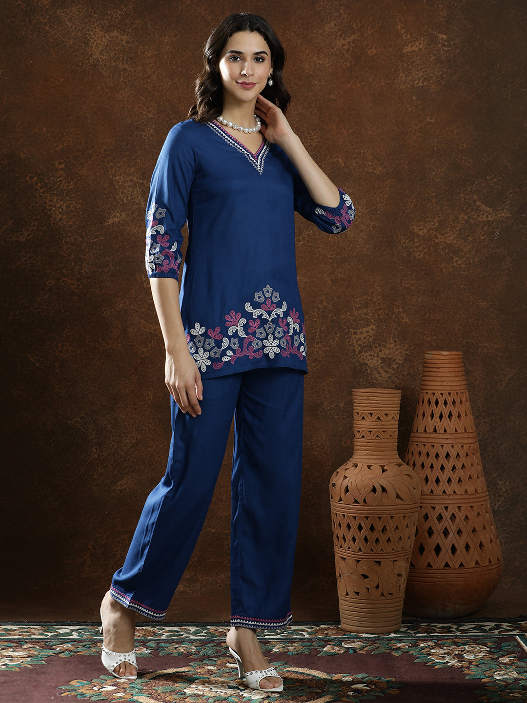 Floral Embroidered Straight Kurta & Trousers Sets